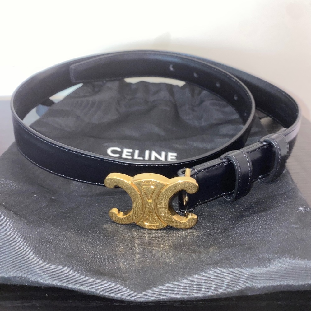 Celine Small Triomphe Belt In Taurillon Leather Black size 75